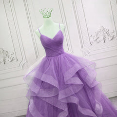 Gorgeous Purple Straps Layers Tulle V-neckline Long Evening Dress Outfits For Girls, Light Purple Prom Dresses