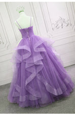 Gorgeous Purple Straps Layers Tulle V-neckline Long Evening Dress Outfits For Girls, Light Purple Prom Dresses