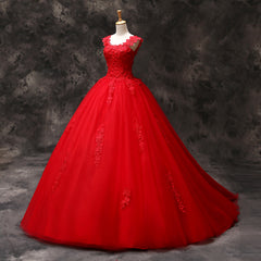 Gorgeous Red Tulle Ball Gown Long Formal Dress Outfits For Women with Lace Flowers, Red Sweet 16 Dresses