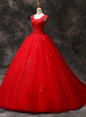 Gorgeous Red Tulle Ball Gown Long Formal Dress Outfits For Women with Lace Flowers, Red Sweet 16 Dresses