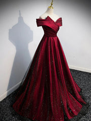 Gorgeous Wine Red Satin Off Shoulder Party Dress Outfits For Women , Wine Red Prom Dresses