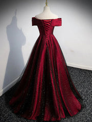 Gorgeous Wine Red Satin Off Shoulder Party Dress Outfits For Women , Wine Red Prom Dresses