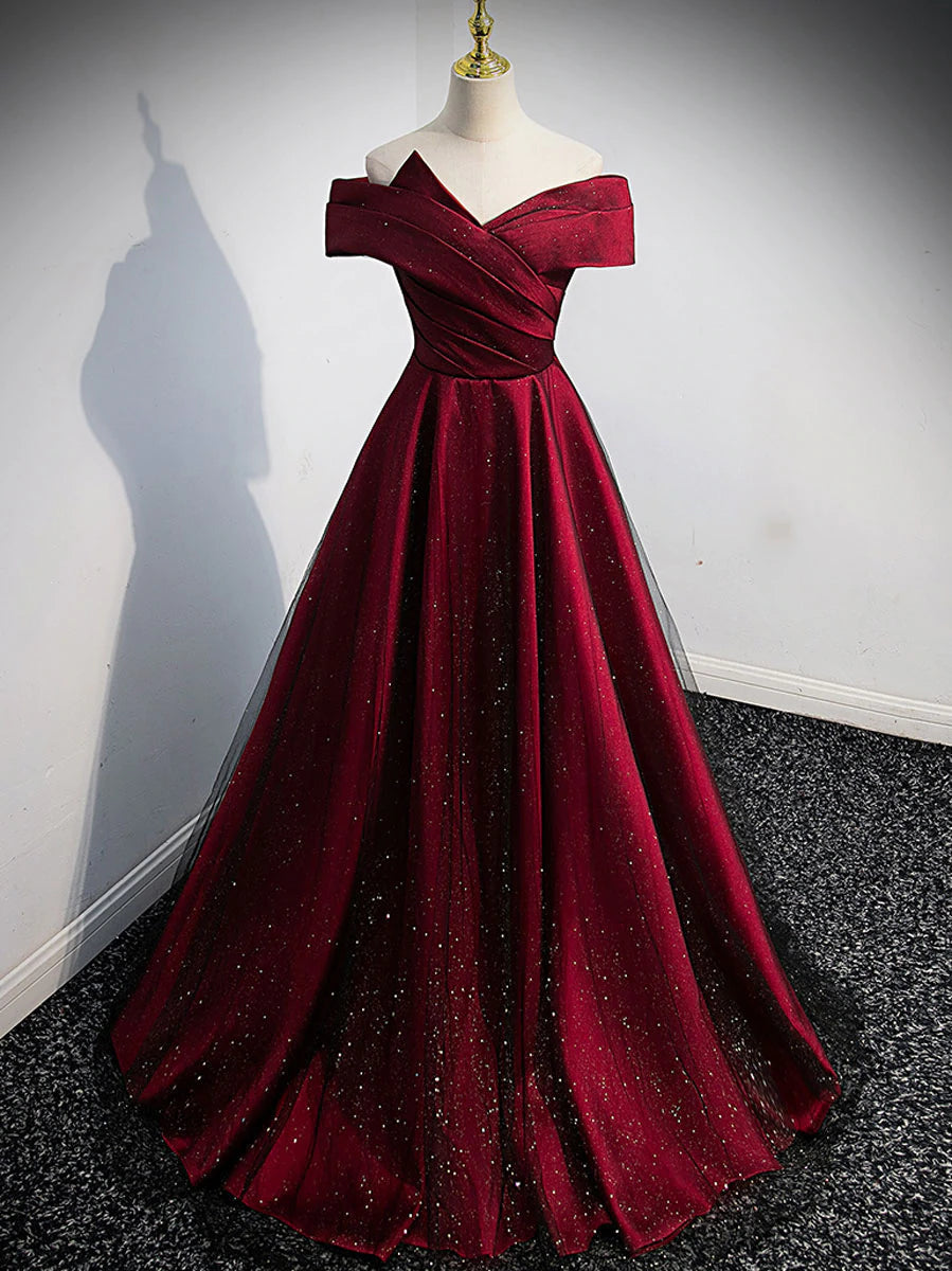 Gorgeous Wine Red Satin Off Shoulder Party Dress Outfits For Women , Wine Red Prom Dresses