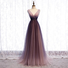 Gradient V-neckline Tulle Long Prom Dress Outfits For Women Party Dress Outfits For Girls, Gradient Evening Gown