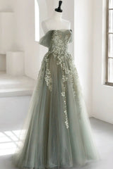 Gray Green Off The Shoulder Tulle Prom Dress With Appliques