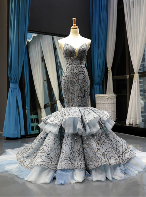 Gray Mermaid Tulle Sequins Sweetheart Prom Dress With Train