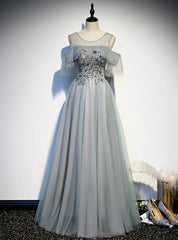 Gray Tulle Beading Sequins Formal Prom Dress