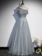 Gray Tulle Scoop Pearls Pleats Prom Dress