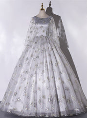 Gray Tulle Sequins Long Sleeve Quinceanera Dress