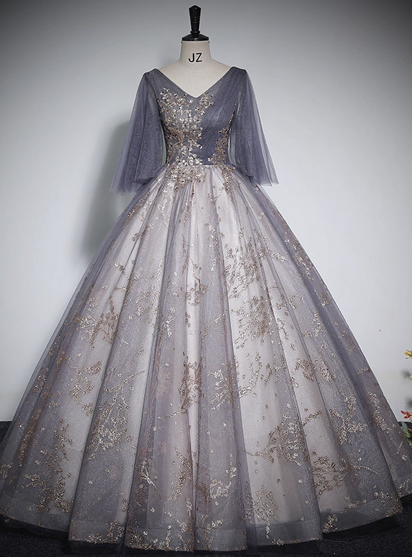 Gray Tulle Sequins V-neck Quinceanera Dress