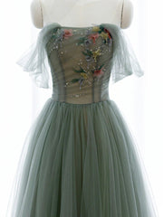 Green A-line Tulle with Lace Applique Long Formal Dress Outfits For Girls, Green Prom Dress