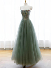 Green A-line Tulle with Lace Applique Long Formal Dress Outfits For Girls, Green Prom Dress