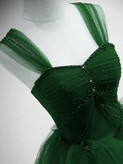 Green Beaded Tulle Off Shoulder Long Party Dress Outfits For Girls, Green Tulle A-line Prom Dress