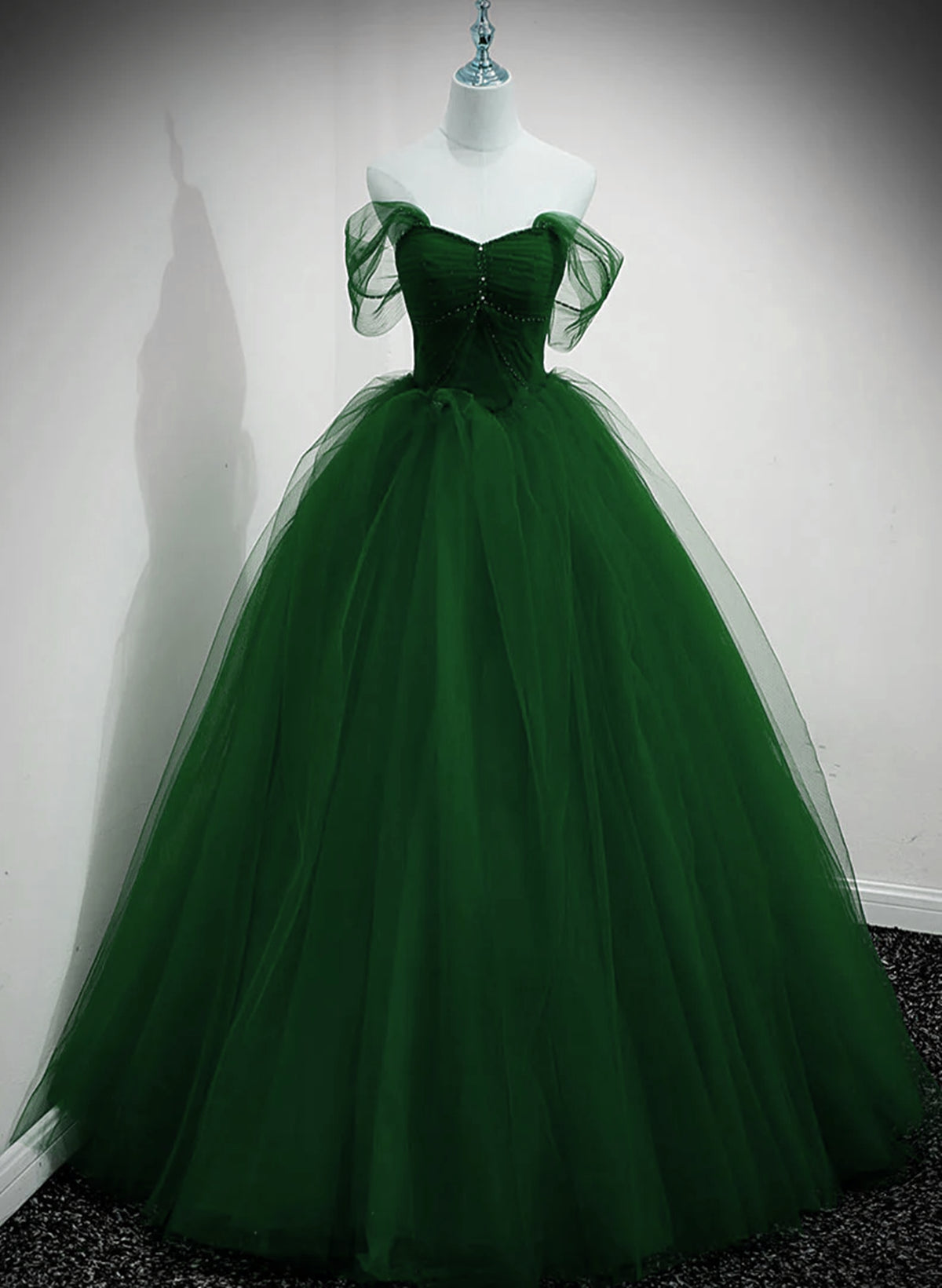 Green Beaded Tulle Off Shoulder Long Party Dress Outfits For Girls, Green Tulle A-line Prom Dress