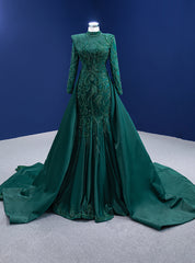 Green Mermaid Satin Long Sleeve Prom Dress Detachable Train