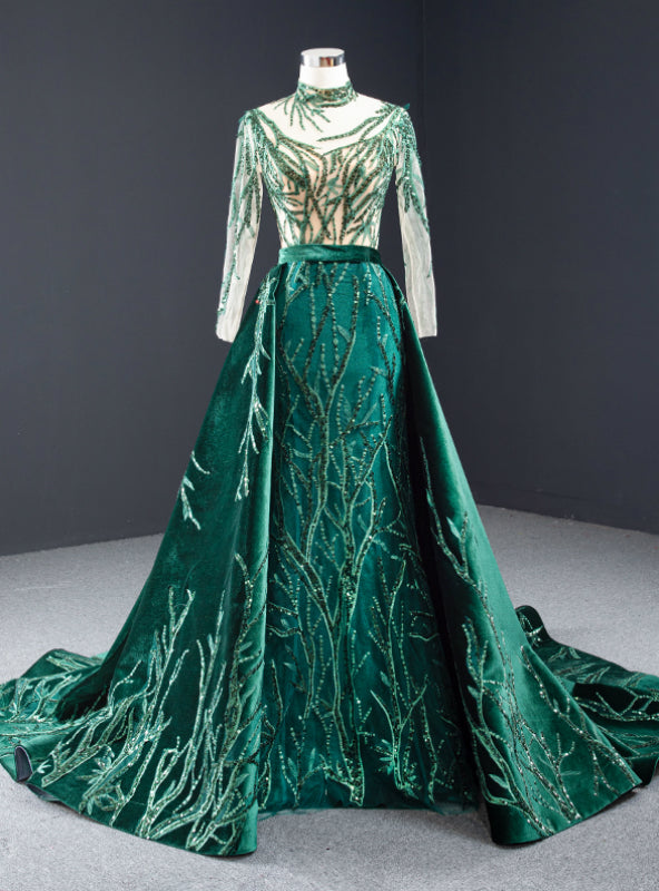 Green Mermaid Velvet High Neck Long Sleeve Sequins Prom Dress With Removable Train