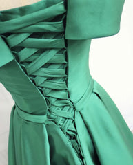 Green Off Shoulder Fashionable Long Evening Dress Outfits For Girls, Satin Long Prom Dress