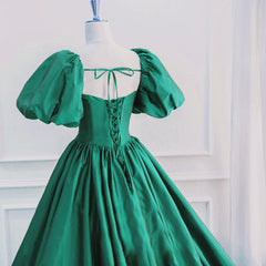 Green Puffy Sleeves Taffeta Long Formal Dress Outfits For Girls, Scoop Green Prom Dress Outfits For Women Party Dress