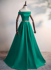 Green Satin A-line Long Off Shoulder Simple Prom Dress Outfits For Girls, Green Formal Dress Outfits For Women Evening Dress