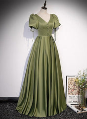 Green Satin A-line Puffy Sleeves A-line Prom Dress Outfits For Girls, V-neck Simple Long Formal Party Gown