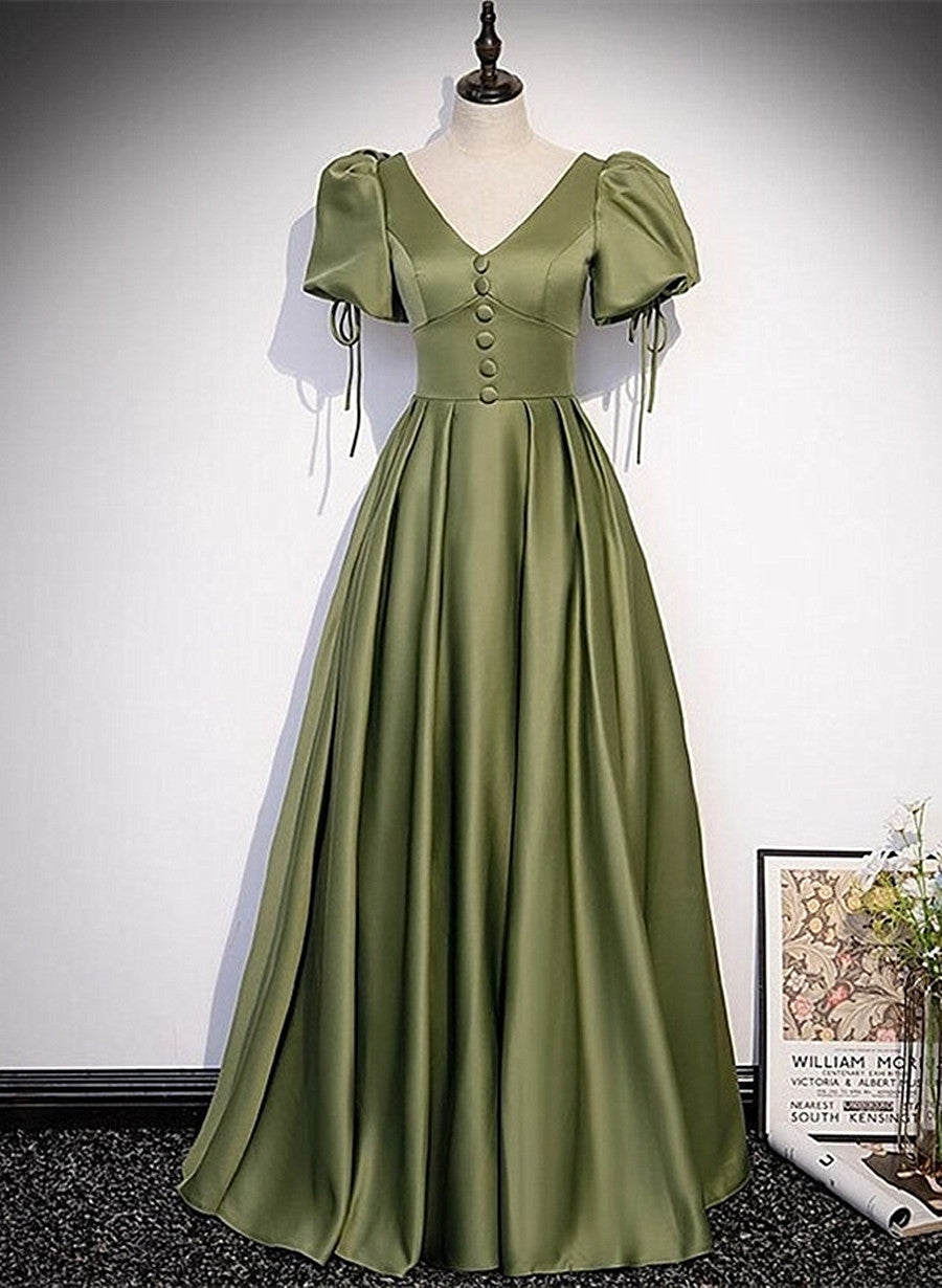 Green Satin A-line Puffy Sleeves A-line Prom Dress Outfits For Girls, V-neck Simple Long Formal Party Gown