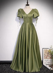 Green Satin A-line Puffy Sleeves A-line Prom Dress Outfits For Girls, V-neck Simple Long Formal Party Gown