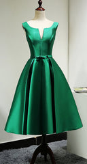 Green Satin Tea Length Bridesmaid Dress Outfits For Girls, Lovely Green Homecoming Dress