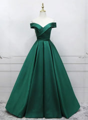 Green Simple Satin Off Shoulder Long Prom Dress Outfits For Women Party Dress Outfits For Girls, Green Evening Dresses