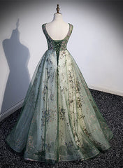 Green Tulle Round Neckline Long Party Dress Outfits For Girls, Green Lace Prom Dress