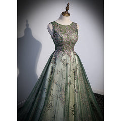 Green Tulle Round Neckline Long Party Dress Outfits For Girls, Green Lace Prom Dress