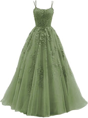 Green Tulle with Lace Applique Formal Gown, Green Evening Prom Dress