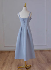 Grey Blue Tea Length Satin Straps Formal Dress Outfits For Girls, A-line Wedding Party Dress