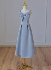 Grey Blue Tea Length Satin Straps Formal Dress Outfits For Girls, A-line Wedding Party Dress