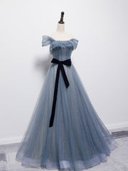 Grey-Blue Tulle Off Shoulder Long Party Dress Outfits For Women with Bow, A-line Floor Length Prom Dress