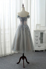 Grey Tea Length Formal Dress Outfits For Women with Lace, Grey Bridesmaid Dress