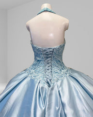 Halter Beaded Sky Blue Satin Ball Gown Quincea?era Dress