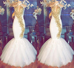 Halter Gold Beads Mermaid Prom Dresses Sleeveless White Evening Gown With Appliques