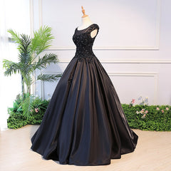 High Quality Black Satin Long Party Dress Outfits For Girls, Black Evening Gown