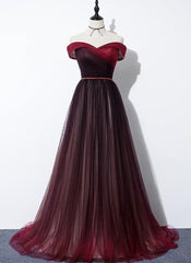 High Quality Gradient Dark Red Sweetheart Long Prom Dress Outfits For Girls, Tulle Evening Dress