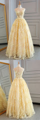 High Quality Lace Yellow Long Party Gown, A-line Evening Dress