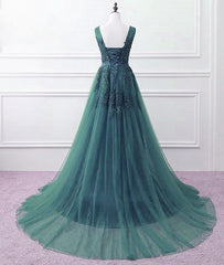 Hunter Green Tulle V-neckline Long Party Dress Outfits For Girls, Dark Green A-line Prom Dress