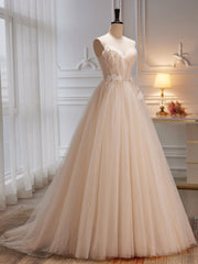 Ivory Tulle with Flowers Straps Prom Dress Outfits For Girls, A-line Ivory Party Dress