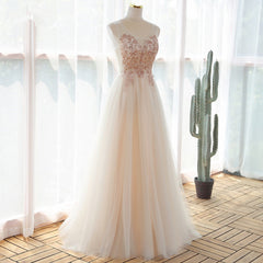 Ivory V-neckline Floor Length Tulle Prom Dress Outfits For Girls, Beaded Formal Dress Outfits For Women Evening Dress