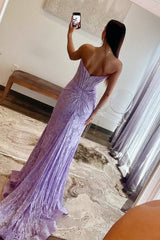 Lavender Strapless Lace Ruched Mermaid Prom Dress with Slit