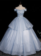 Light Blue Ball Gown Tulle with Lace Formal Dress Outfits For Girls, Blue Sweet 16 Dresses