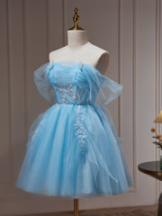 Light Blue Beaded Sweetheart Tulle Lace-up Party Dress Outfits For Girls, Blue Short Homecoming Dress