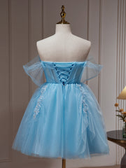 Light Blue Beaded Sweetheart Tulle Lace-up Party Dress Outfits For Girls, Blue Short Homecoming Dress