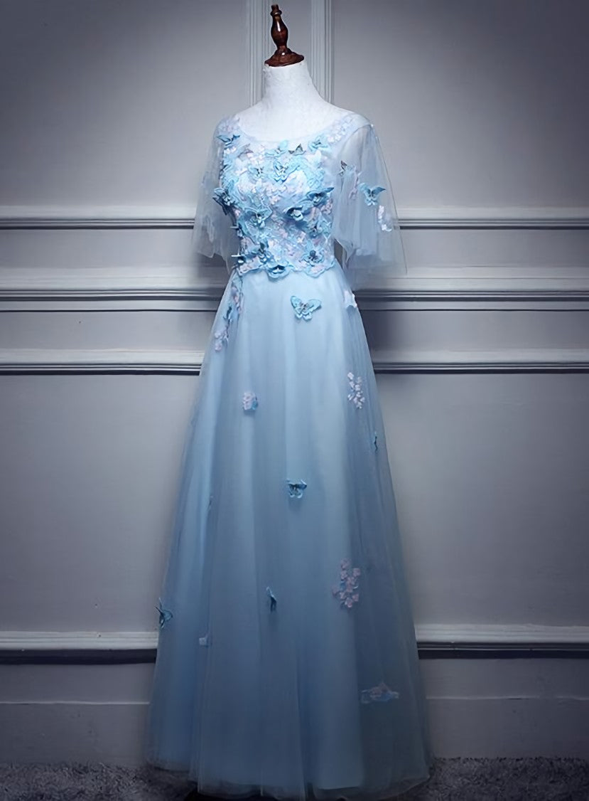 Light Blue Flowers Long Party Dress Outfits For Girls, A-line Tulle Party Dress Outfits For Women Evening Dress