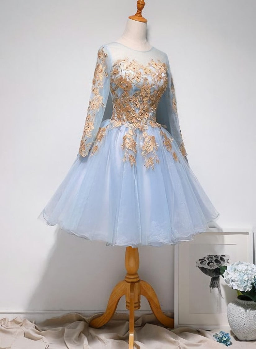 Light Blue Long Sleeves with Gold Lace Cute Homecoming Dress Outfits For Girls, Blue Short Prom Dress