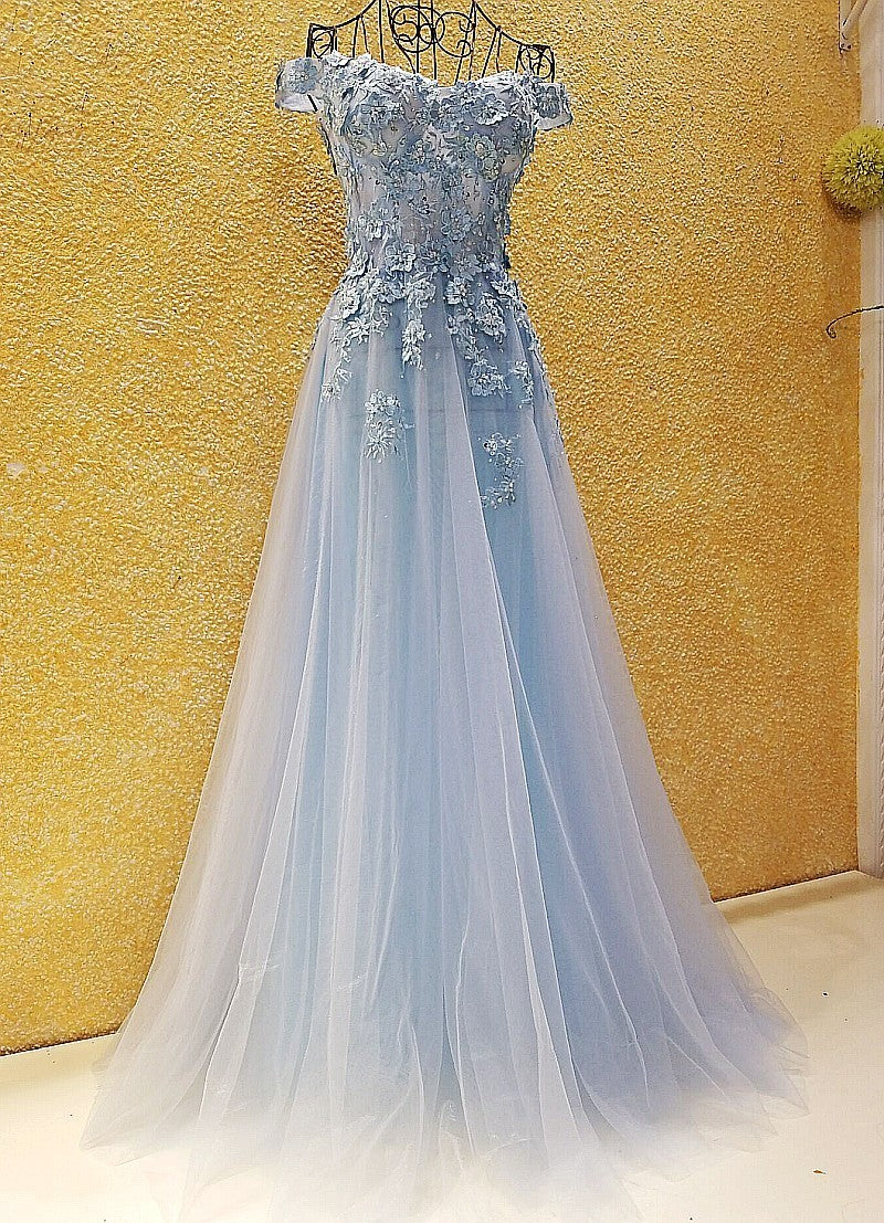 Light Blue Off Shoulder Long Party Dress Outfits For Women with Flowers, Tulle Blue Evening Dress Outfits For Women Prom Dress